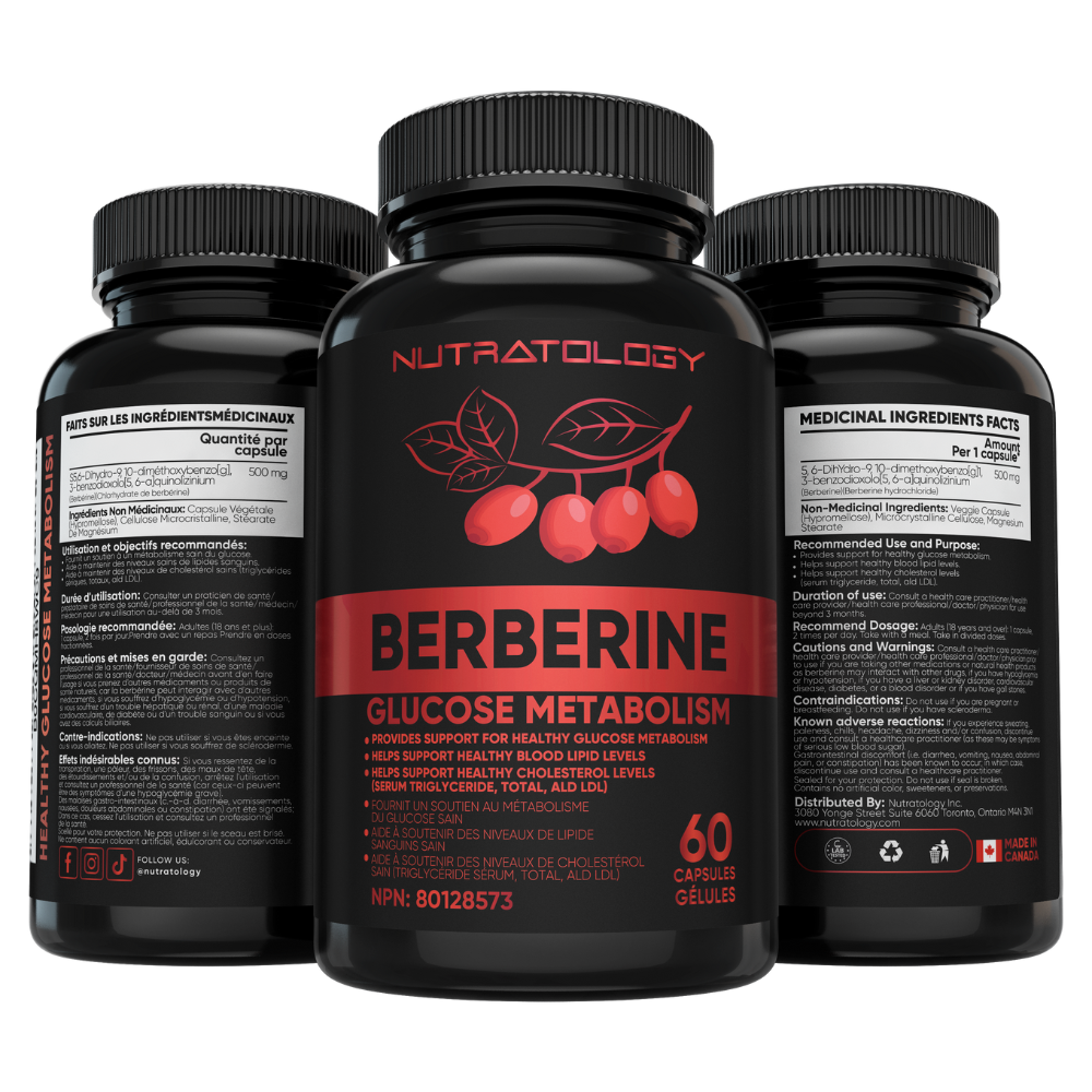 Nutratology Berberine supplements - glucose metabolism - 60 Capsules - front and back