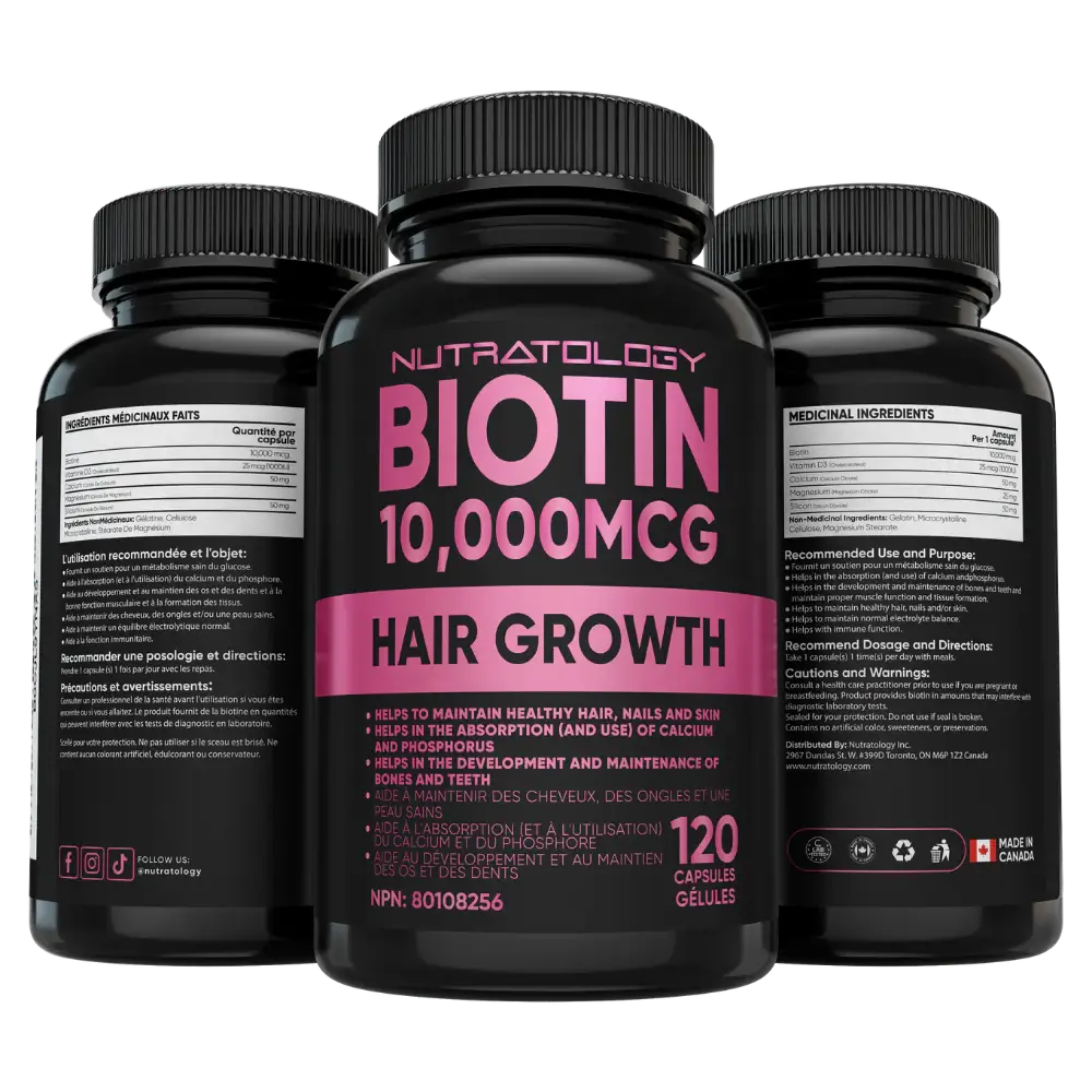 Nutratology Biotin Hair & Nail Supplement for Women - 120 Capsules - front and back side